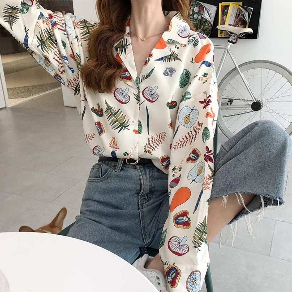 Botanical Plant Fruit Pattern Button Up Long Sleeve Blouse